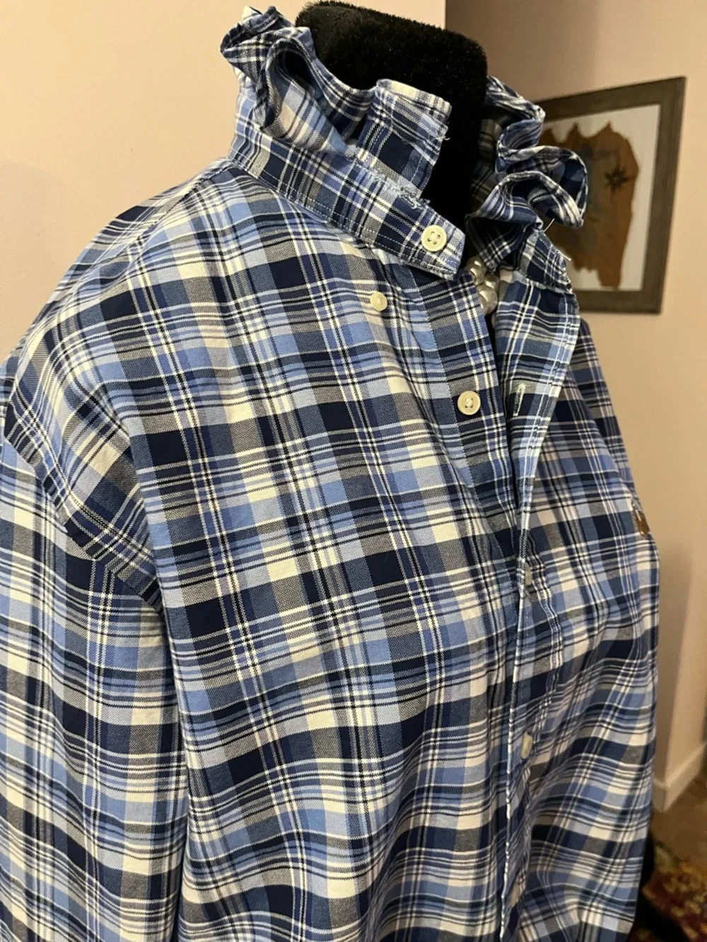 Upcycled Ralph Lauren Navy and Light Blue Plaid Shirt with ruffle collar - Picture 5 of 7